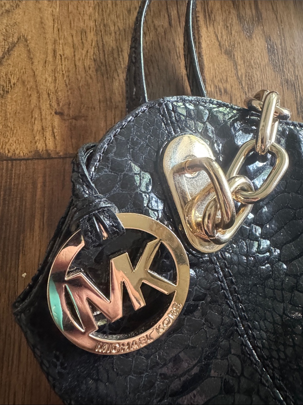 Michael Kors Black Snake-Embossed Shoulder Bag with Gold Hardware - Picture 3 of 6